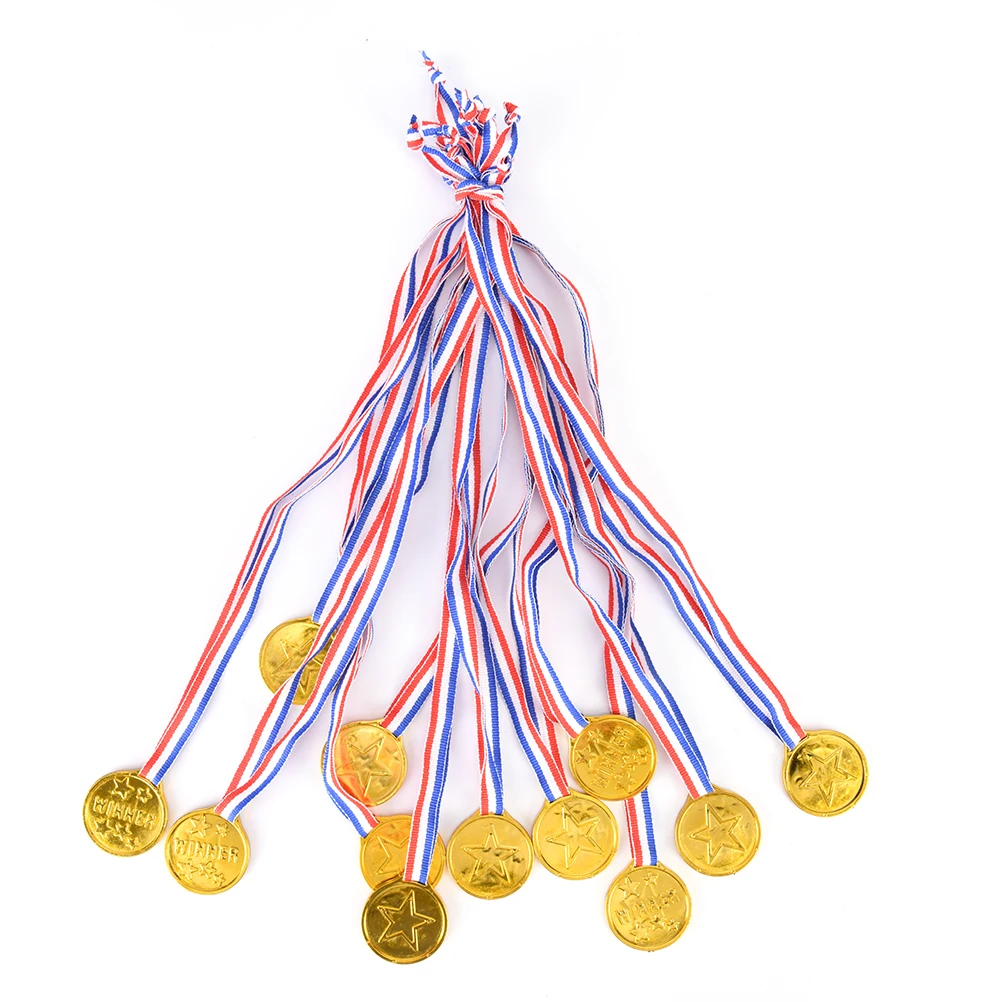 12 Pcs Plastic Children Gold Winners Medals Sports Day Party Bag Prize Awards Toys For Party Decor