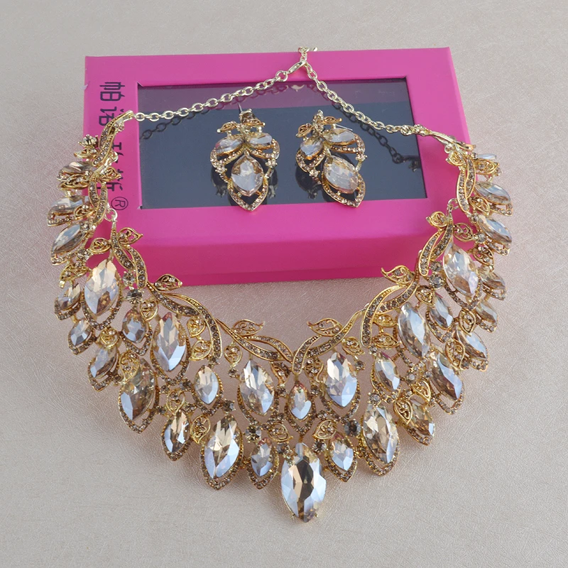 Gorgeous Champagne Color Jewelry Sets For Bridal Wedding Party Necklace And Earrings  Dubai Fashion Big Dress Accessories