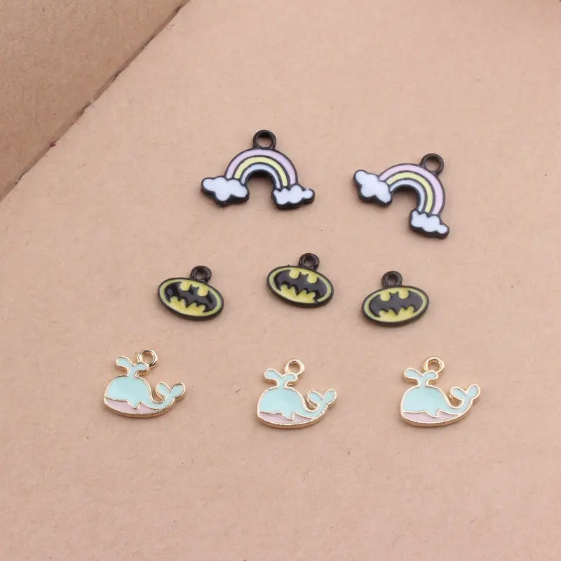 Mini Order 30PCs Rainbow Alloy Charms Bat Man Logo Animal Whale Enamel Metal DIY Jewelry Earring Bracelet Charms