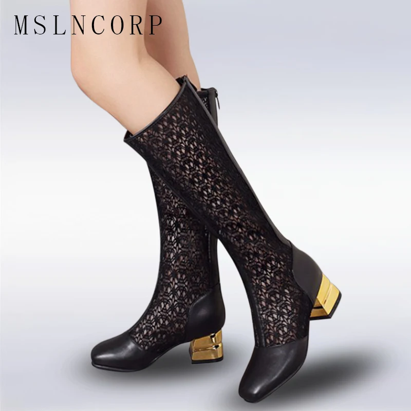 

Size 34-43 Fashion Women's Boots Mid Calf Square Heel Boots Zipper Sexy Lace Mesh Boots Summer Cool Boots Breathable Women Shoes