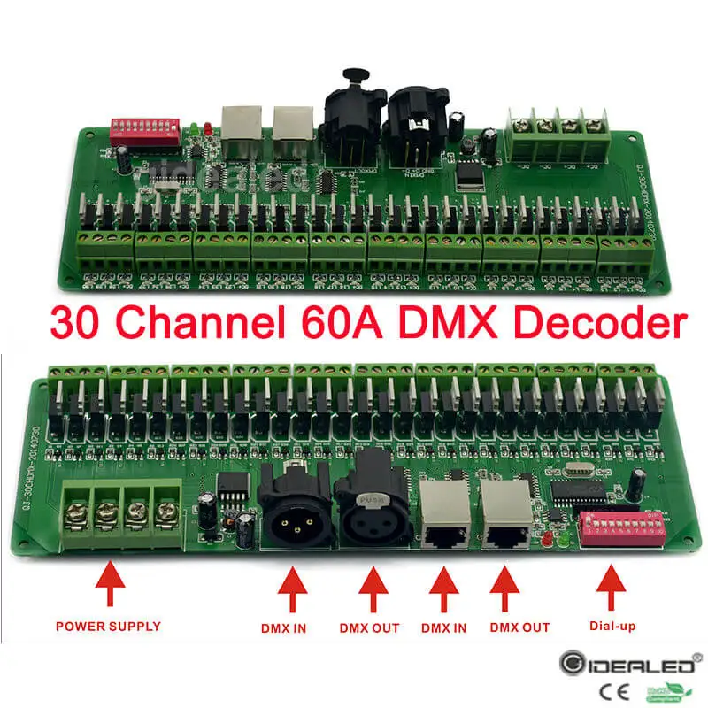 Decodificador DMX com plugue RJ45 e XLR Decodificador para controlador DMX Strip DMX512, DC 12V-24V, 60A, DMX Dimmer Driver, 30 canais