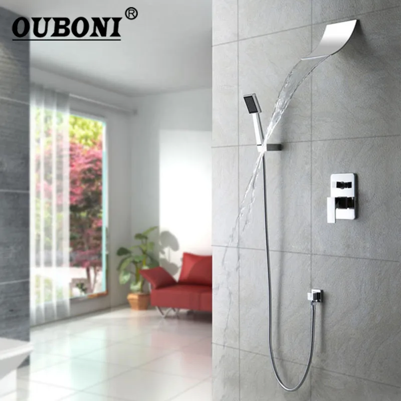 

OUBONI Waterfall Shower Faucet Set With Hand Spray Chrome Finish Wall Mount Shower Mixer Taps Bathroom Bathtub Handle Shower Set