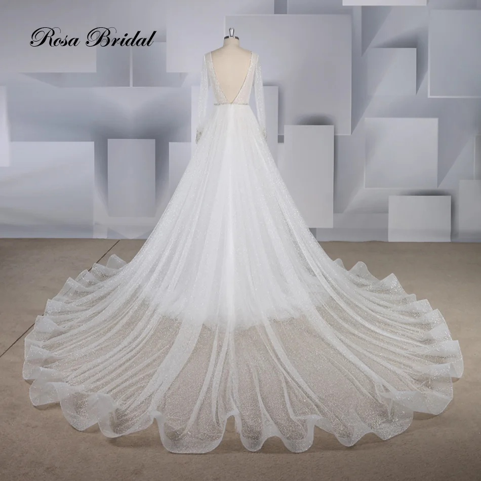 Rosabridal – robe de mariée ligne A, style bohémien, col en v, manches longues, mousseline de soie, perles, dos nu, avec queue de train court