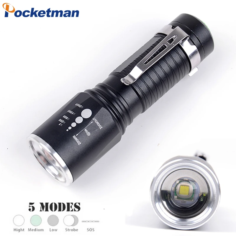 Powerful Zoomable Flashlight 8000Lumens 5 Modes Waterproof Torch Tactical Flashlight Aluminum 18650 or AAA Battery