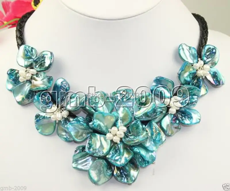 

YH@CS stone color mother of pearl weave shell flower necklace pendant 18"long