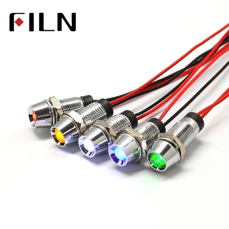 Panel piloto LED de Metal de 8mm, 3v, 6v, 12v, 24v, indicador de señal de tablero, luz de advertencia de 20cm, cable cromado, para coche, barco,