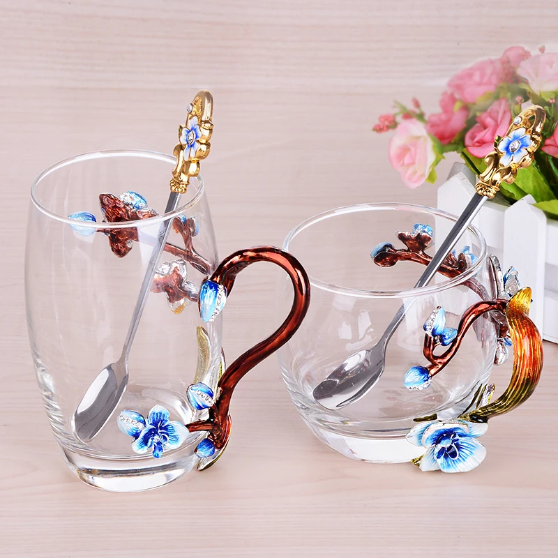 

Europe Creative Enamel Glass Cups Blue applique crystal cup tea the Tall and Short Cups and Mugs Wedding gift Home Drinking Ware