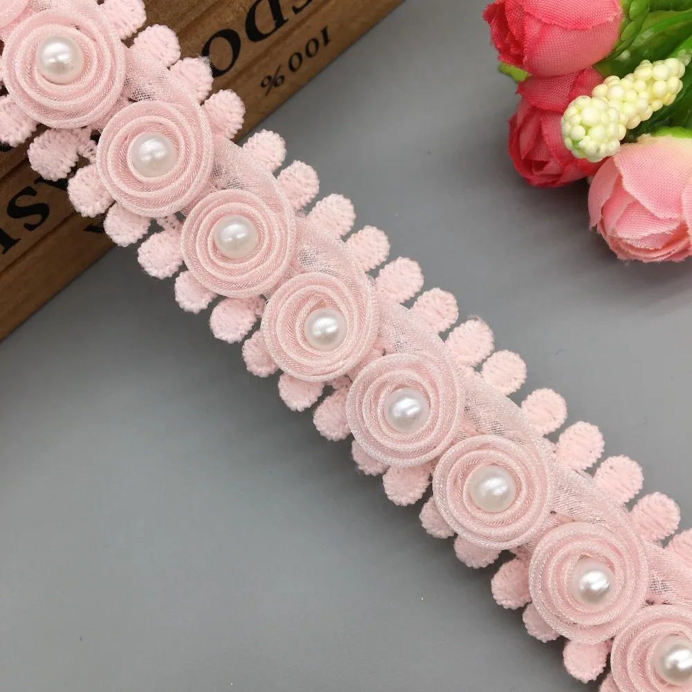 50Pcs 2.5cm Width Pink Pearl Flowers Chiffon Embroidered Lace Trim Ribbon Fabric Handmade DIY Garment Sewing Crafts Decoration