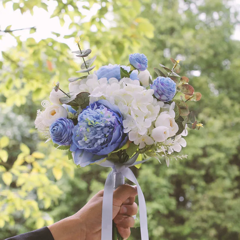 JaneVini buket pernikahan klasik bunga pengantin biru buket palsu mawar sutra putih buatan buket Musim Semi Mariage 2024