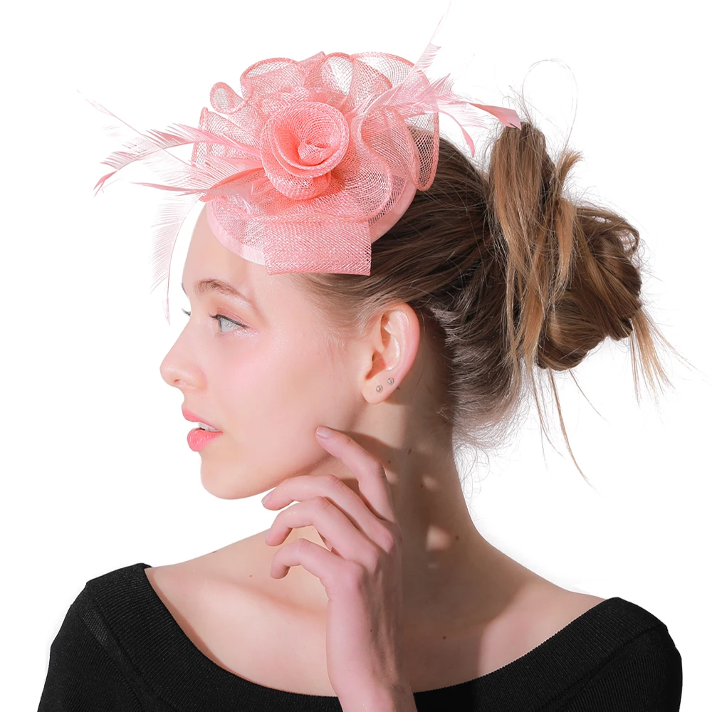 

Women Cocktail Pink Hair Accessories Fascinator Headbands Vintage Headwear Feather Flowers Decoration Wedding Hair Accessories