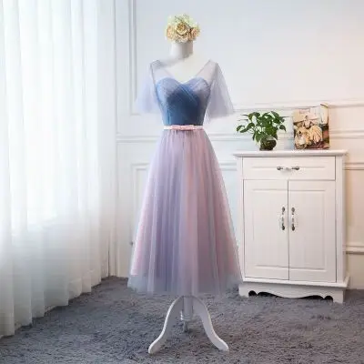 Beauty-Emily Tulle Pink Bridesmaid Dresses 2020 Short V-neck Lace A line  Wedding Party Gown Formal Dress  Robe De Soiree