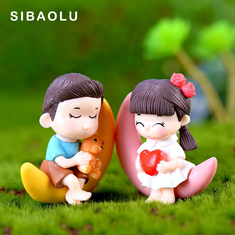 2pcs Moon Lover Figures Girl Boy Dating Miniature figurine wedding decoration doll fairy garden statue Home Gift Moss garden