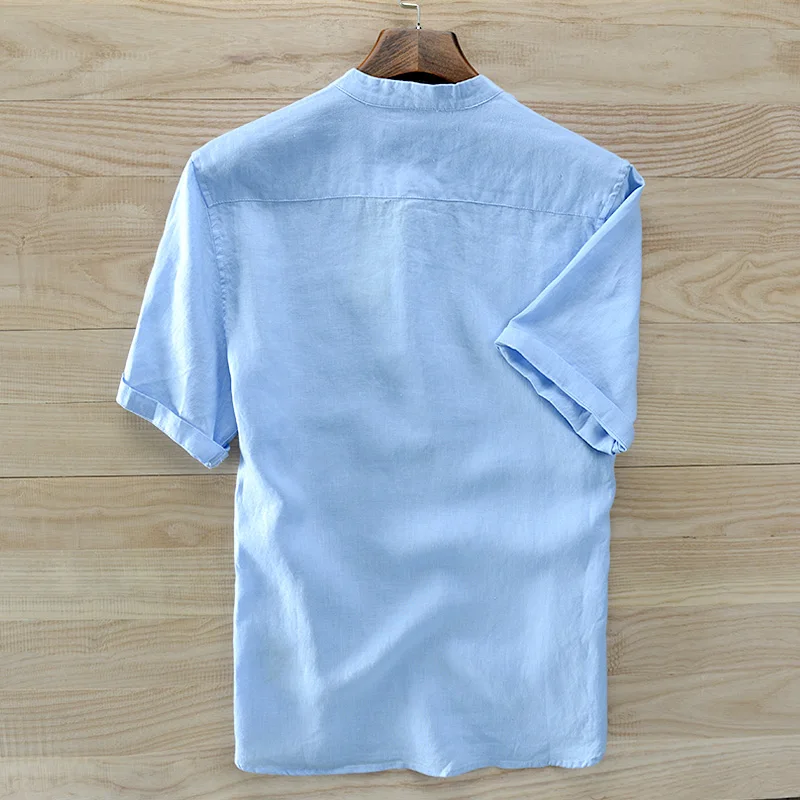 New Design French Style Short-sleeved Linen Shirts Men Brand Casual Breathable Shirt For Men Sky Blue Camisa Masculina Chemise