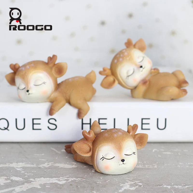 Roogo Cute Deer Home Ornaments Creative Home Decoration Accessories Resin Car Decor Miniature Figurines For Kids Room Decorative