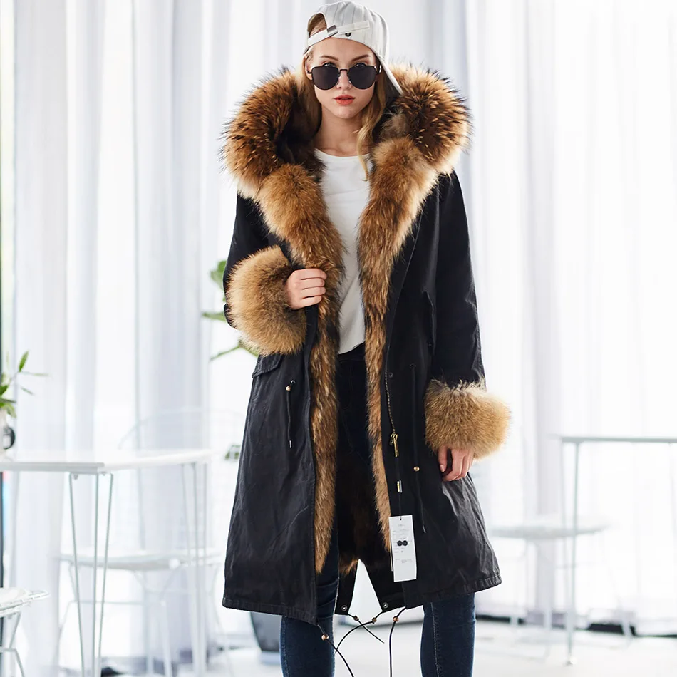 Maomaokong Winter Woman Natural Fur Overcoat Plus Size Black Parkas Raccoon Real Fur Lining Extra Larg Warm Jacket Coats Long