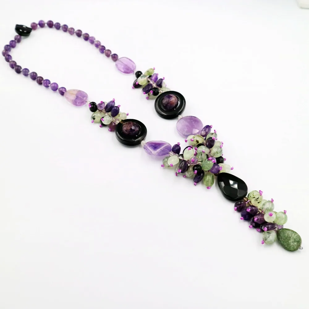 Natural Stone Amethysts,Prehnites,Black Agatess with jades Toggle Clasp Necklace Fashion Women Jewelry