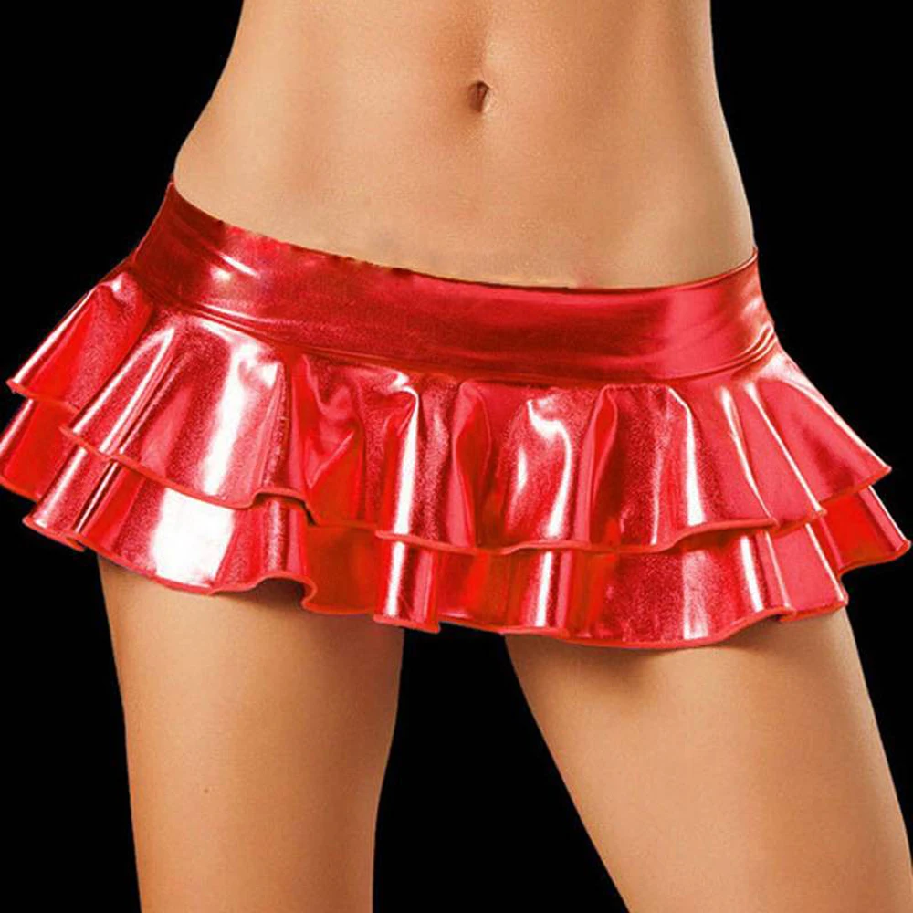 Glitter PU Leather Low Waist Falbala Tiered Single Layered Skirt Hot Sexy Charming Micro Mini Dress Pole Dance Night Clubwear