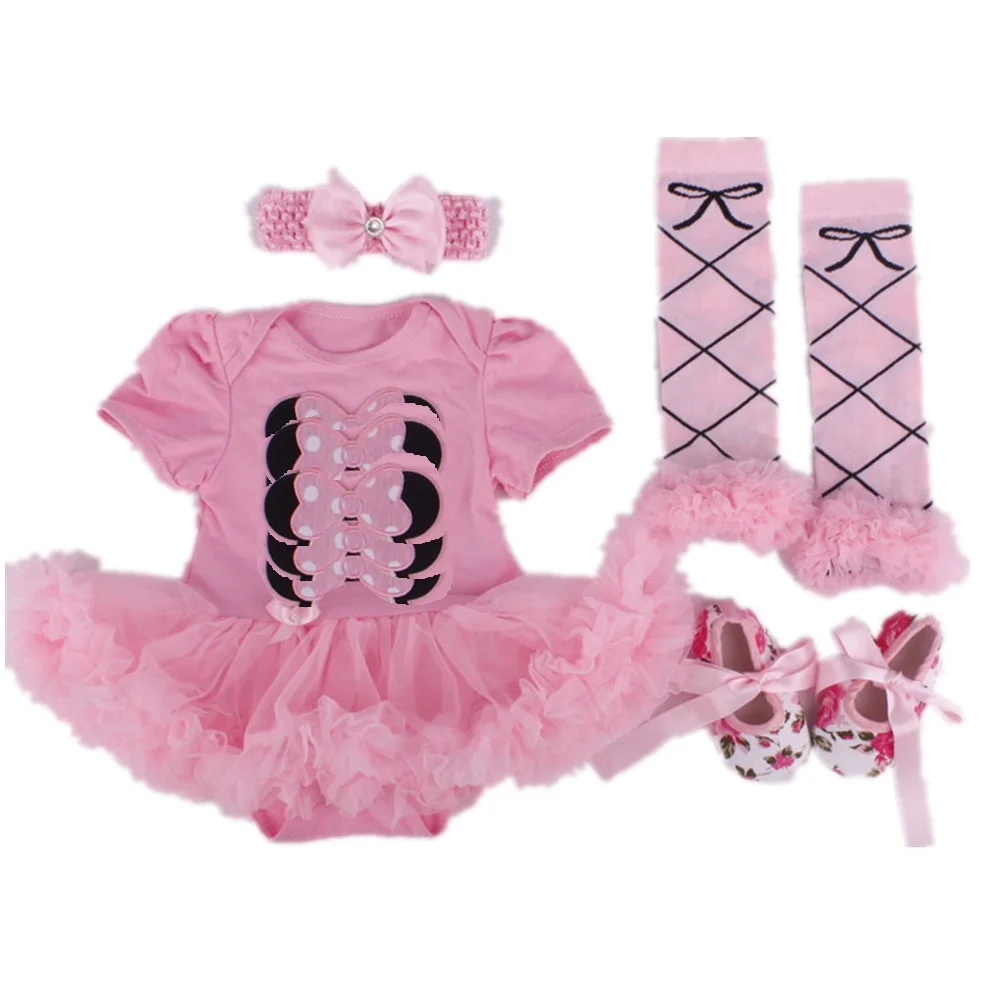 Cartoon Baby Girl Clothing Set Newborn Lace Bodysuit Leggings Shoe Hairband 4Pcs Suit Pink Children Tutu Dress Jumpsuits Outfits