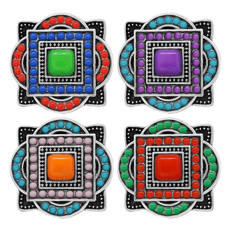 New Beauty Colorful Beads Patterns Squares 18mm snap buttons fit 18mm snap necklace jewelry wholesale KZ3402 Women Gift