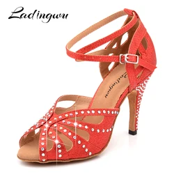 Ladingwu Red Glitter Salsa Dance Shoes Woman Rhinestone Ballroom Dancing Shoes Petformance Latin Shoes Dance Sandals Heel 6-10cm