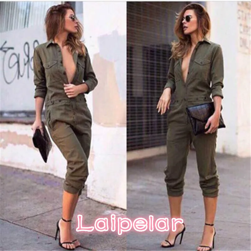 

Sexy Women New Fashion Slim Bodycon Jumpsuit Long Sleeve Army Green Solid Casual Bodysuit Ladies Vintage Romper Long Jumpsuit