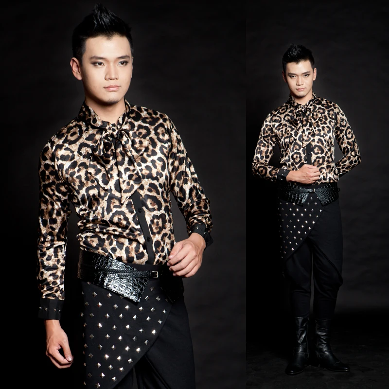 

Vintage Fashion British Style ! Men's Clothing Fashion Leopard Print Rivet Slim Long-sleeve Shirt Stage Costumes / S-xxl