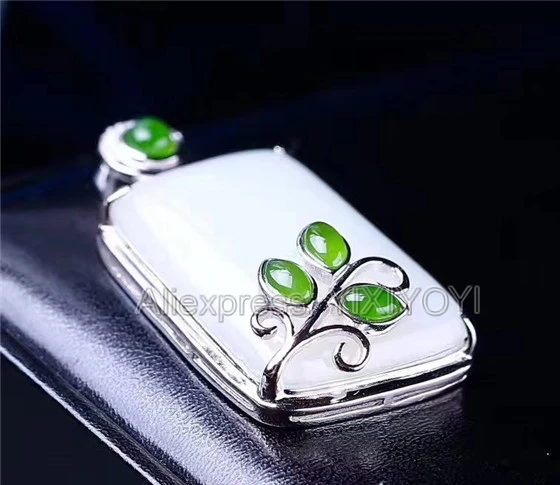 925 Sterling Silver White Green HeTian Jade Carved Elegant Design Lucky Pendant + Chain Necklace Charm Fine Jewelry Charm Gift