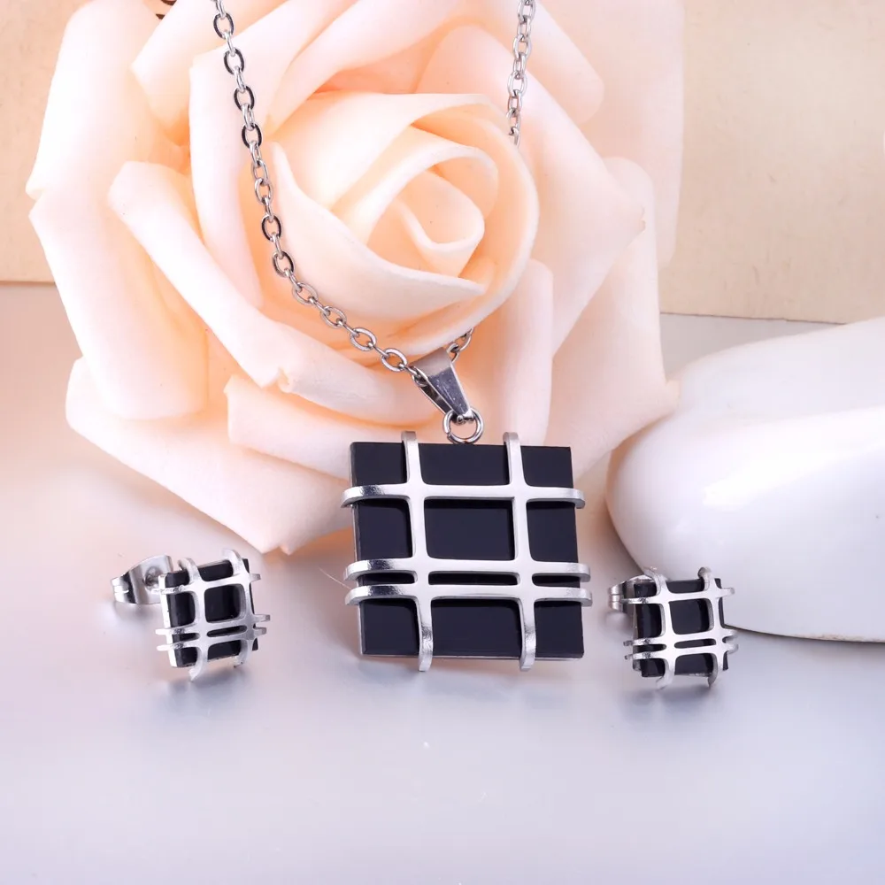 LUXUKISSKIDS Jewelry Sets Stainless Steel Square Shape Pendant Necklace Earring For Women Chain Necklace Female Jewelry Collier