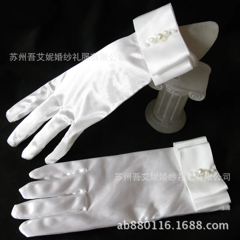 

Wholesale 5 Pairs Elastic Wedding Accessories Wrist Length Finger Bow Bridal Gloves White Ivory Ribbon Bridal Gloves Noiva LT024