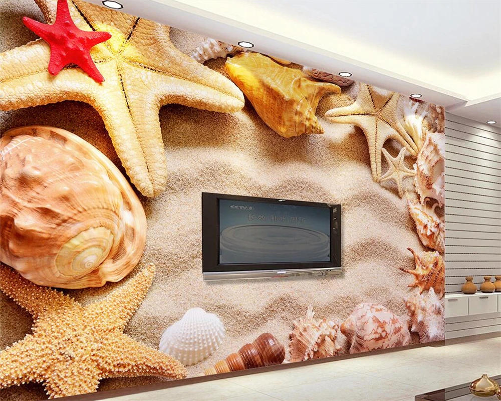 

Beibehang Custom wallpaper 3d stereoscopic starfish beach shell Mediterranean living room bedroom TV background 3d wallpaper