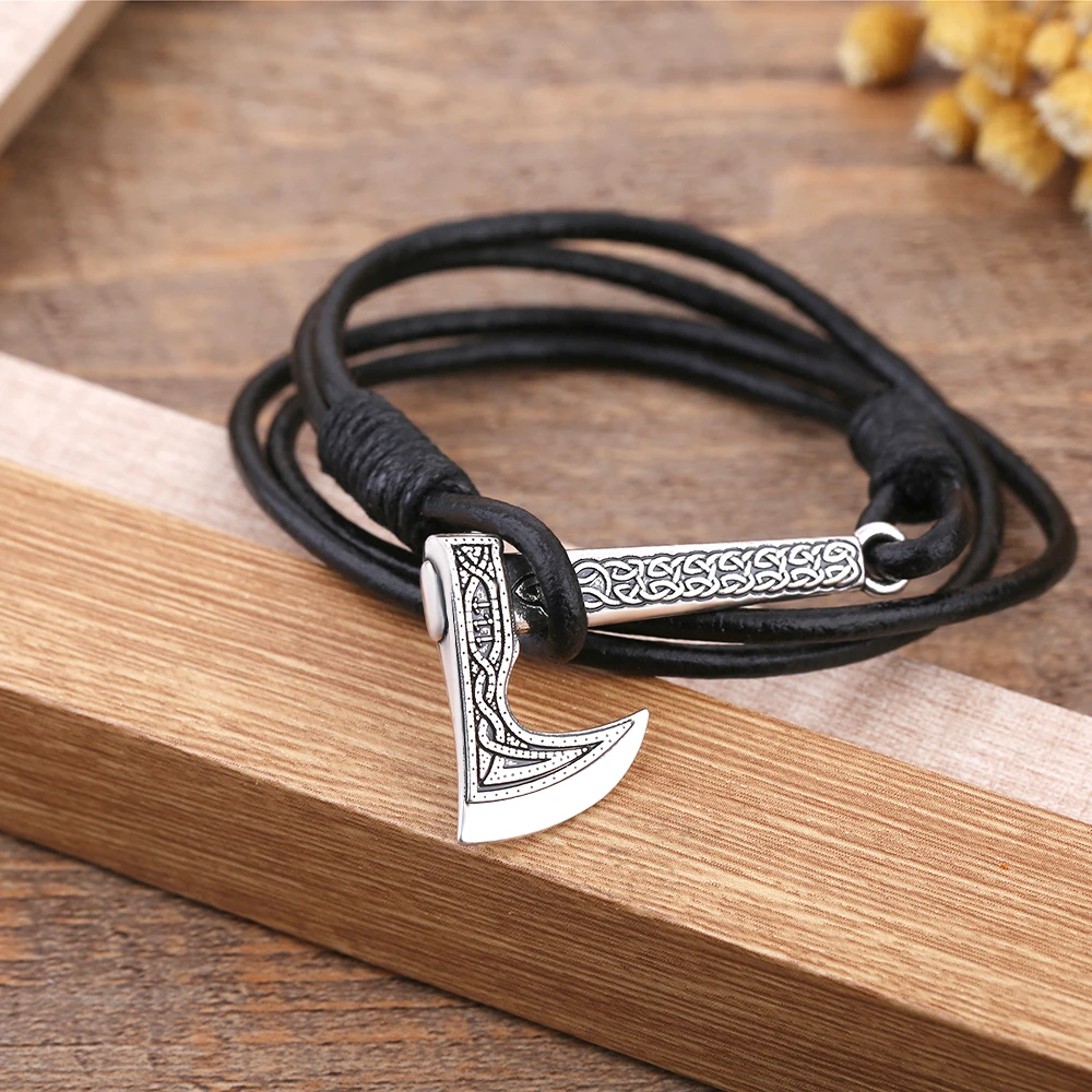 Teamer Viking Bracelet for Men Bracelet Axe Wrap Leather Accessories Gold Color Hatchet Handmade Pirate Bracelet for Male Gifts