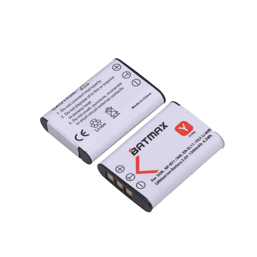 Batmax 2pcs 1200mAh NP-BY1 EN-EL11 Li-60B NP BY1 Battery for Sony HDR-AZ1VR AZ1 AZ1V AZ1VR Sport Action Cam Mini Camcorder