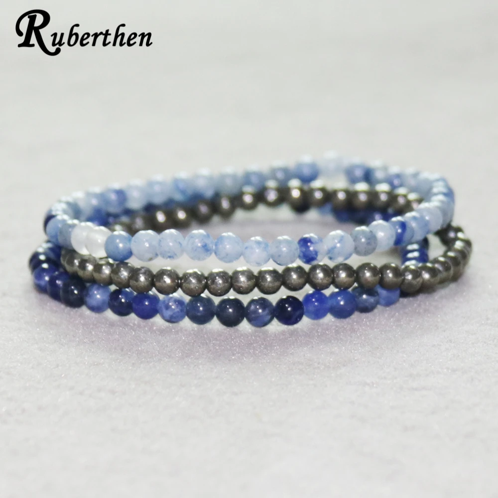 Ruberthen Blue Aventurine Bracelet Natural Pyrite Jewelry Sodalite Bracelet Set 4 mm Gemstone Energy Bracelets