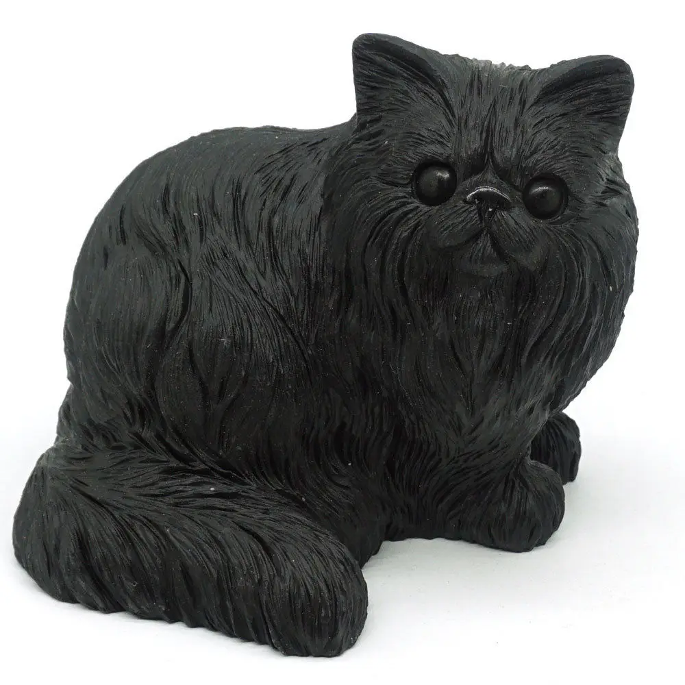 

3.66"Natural Gemstone Black Obsidian Sitting Cat Hand Carved Animal Statue Decor