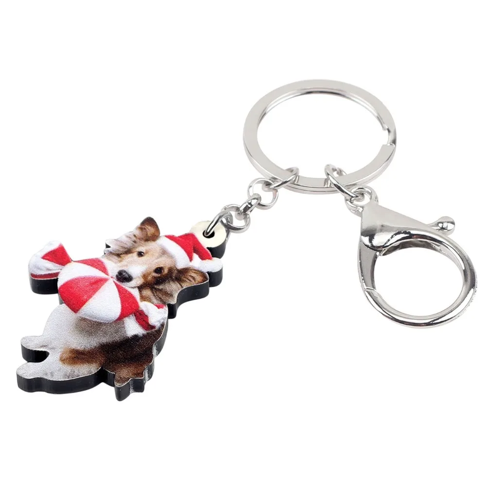 Bonsny Acrylic Christmas Sweet Candy Corgi Dog Key Chain Keychain Ring Navidad Xmas Gift Animal Jewelry For Women Girls Pet 2018