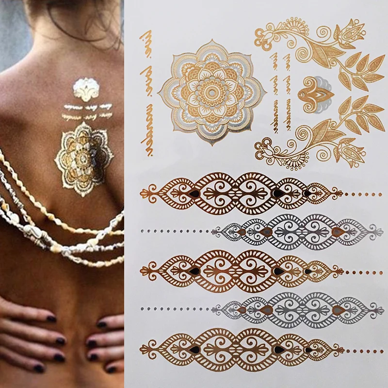 Temporary Flash Einmal Tattoo Classic gold Armband Hals Kette Henna 25teilig  NEU