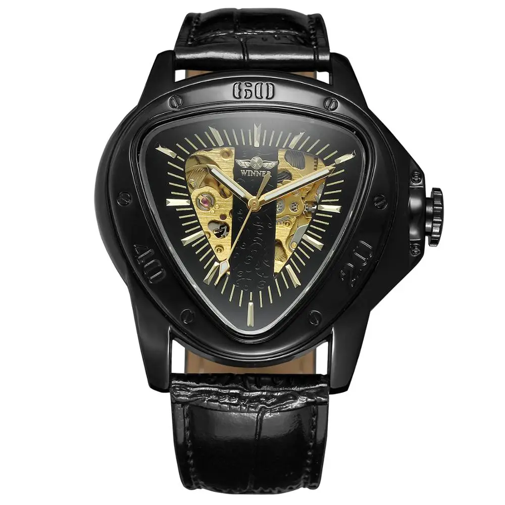 T-WINNER  Fashion creative triangle surface classical all black three-pointer belt men wrist watch