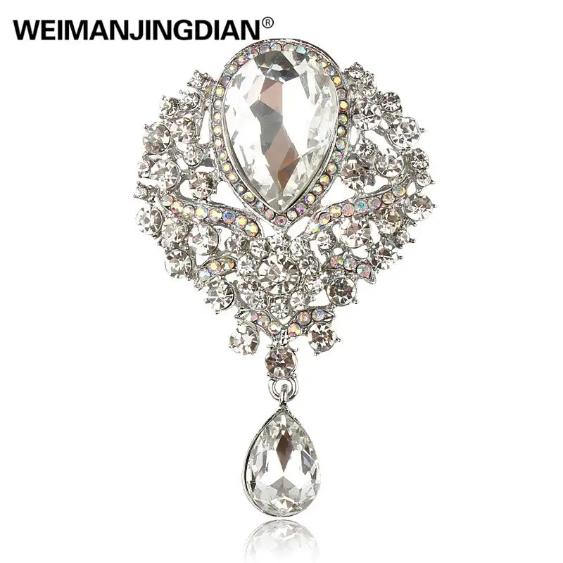 WEIMANJINGDIAN Brand Large Crystal Rhinestones Diamante Teardrop Wedding Brooch Pins Decor Jewelry in Assorted Colors