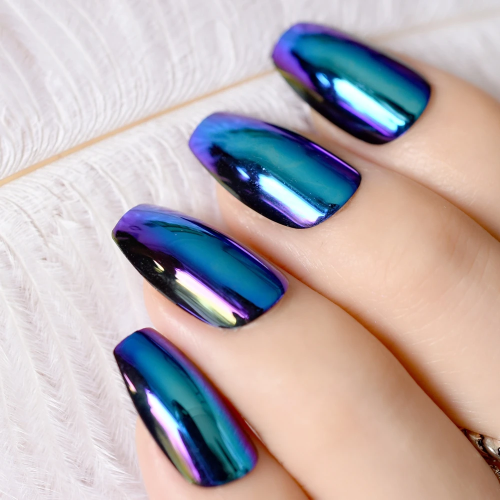 Ballerina Coffin Nails Tips Mirror Chrome Reflection False Nail Magic Mirror Effect Holo Blue Purple Fake Nails