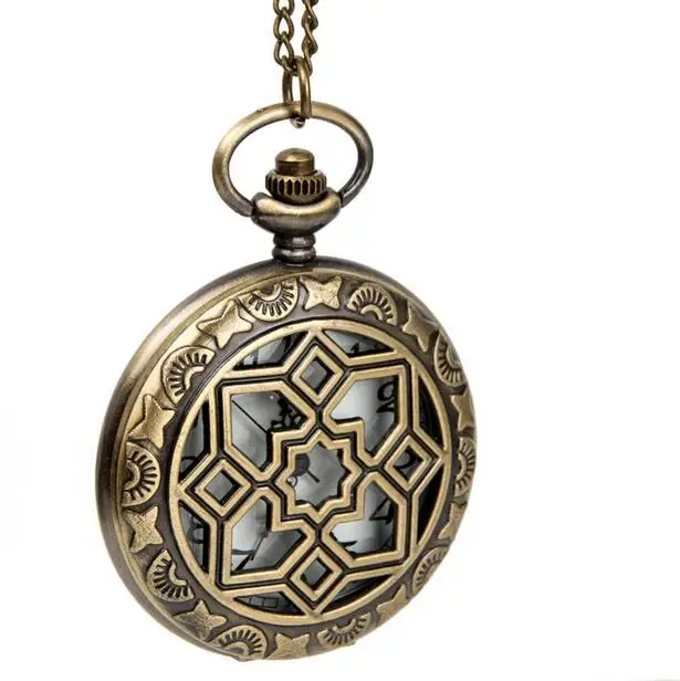 Vintage Bronze antiques Fashion quartz Hollow out clock men and woman Necklace pocket watches gift chain