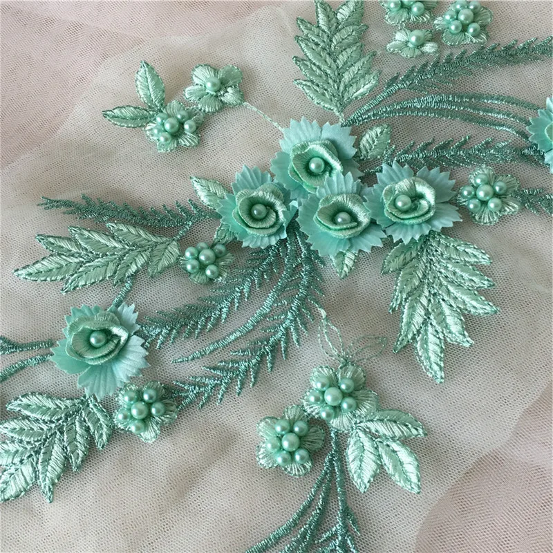 Pretty Mint Green Pearl Beaded 3D Flower Embroidered Lace Applique For Wedding Dress Costumes 2PC