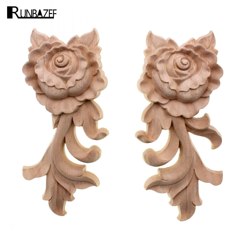 RUNBAZEF Floral Wood Carved Decal Corner Appliques Frame Wall Doors Furniture Woodcarving Decorative Wooden Figurines Crafts