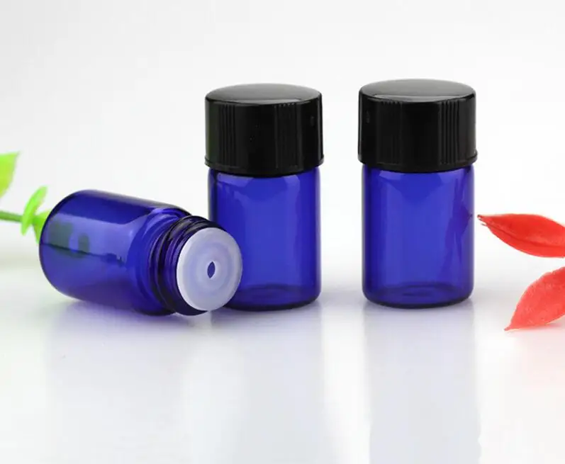 2ML Mini Paint Blue Glass Essential Oil Bottle Orifice Reducer & cap Blue Small Glass Vials 600pcs