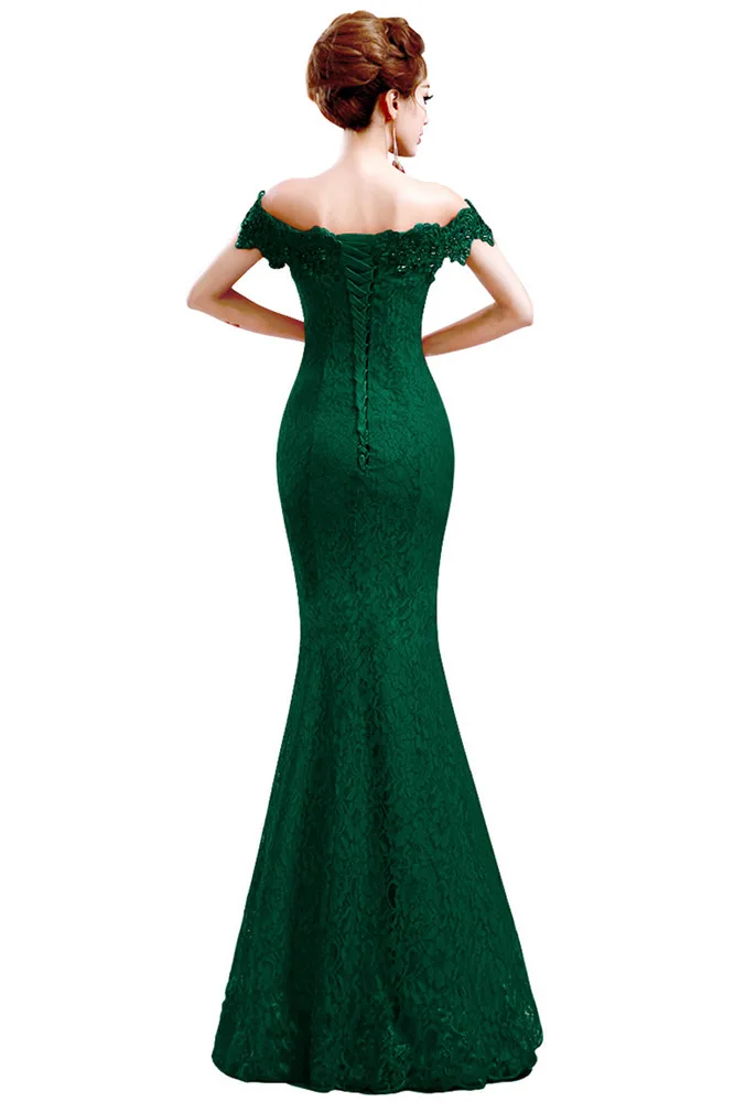 2019 Green Mermaid Lace Long Prom Dresses Off The Shoulder Beading Prom Gown vestidos de gala