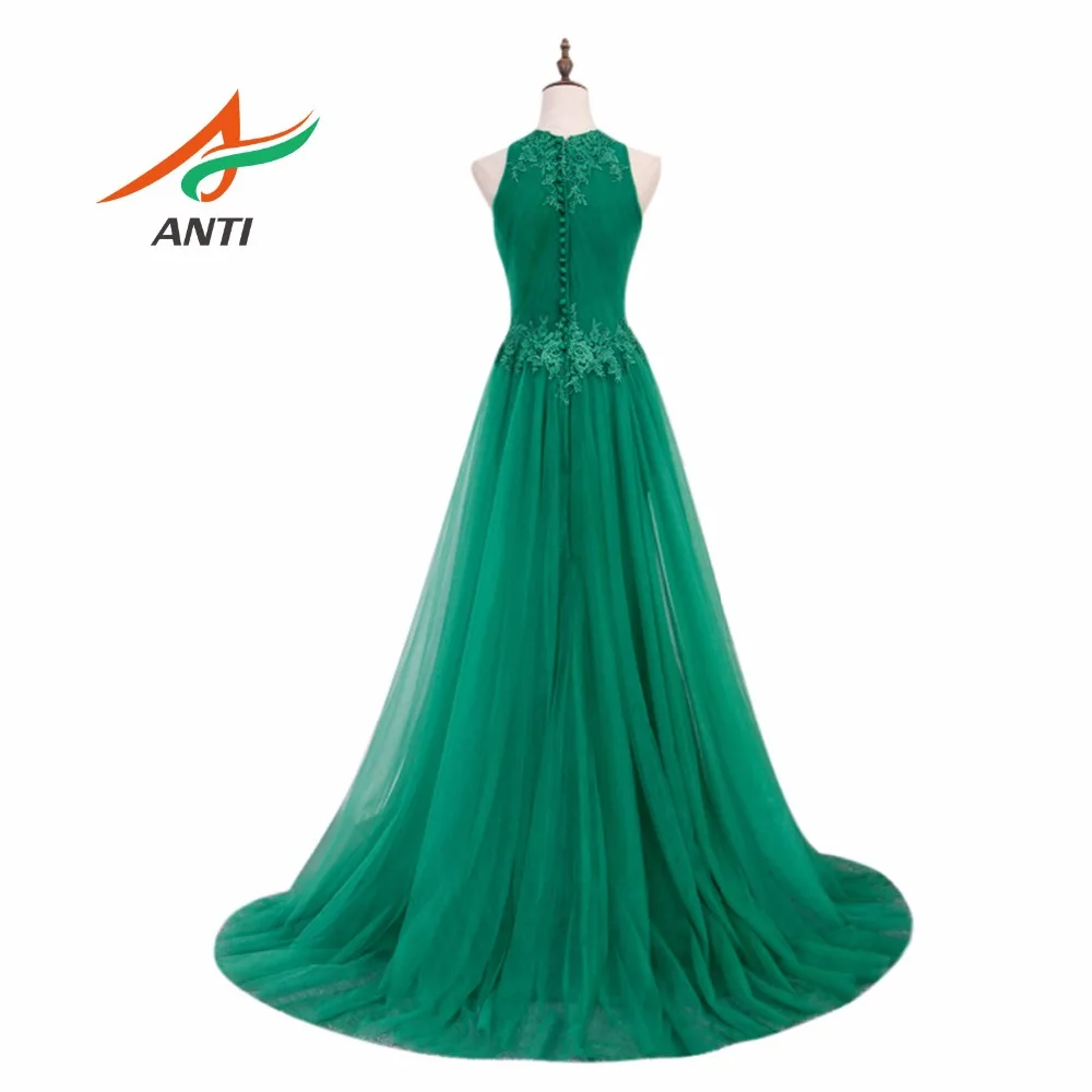 ANTI Robe De Soiree Chest  A-Line Green Long Evening Dress Elegant Vestido De Festa Prom Gown O-Neck Tulle Crystal Illusion