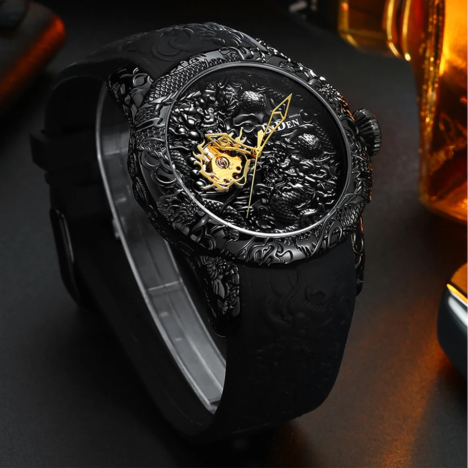 Men Mechanical Watch Man Big Watches Gold Full Black Wristwatch Creative Golden Dragon Watches Laser Engraved Male Clock Reloj