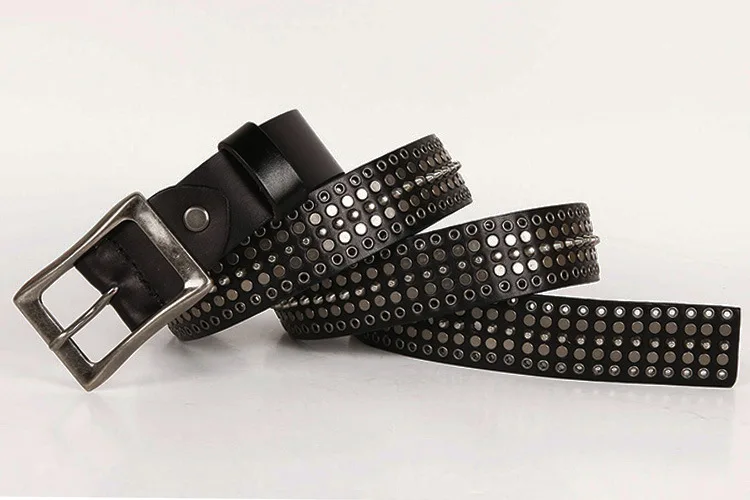 

Luxury rivet punk rock belt buckle cowhide leather handmade men and women retro belt jeans 2 color optional