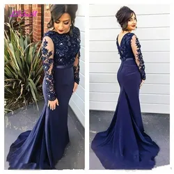 Navy Blue Mermaid Evening Dresses O-Neck Long Sleeves Sweep Train Prom Formal Dress Beaded Appliques Long Bridesmaid Dress