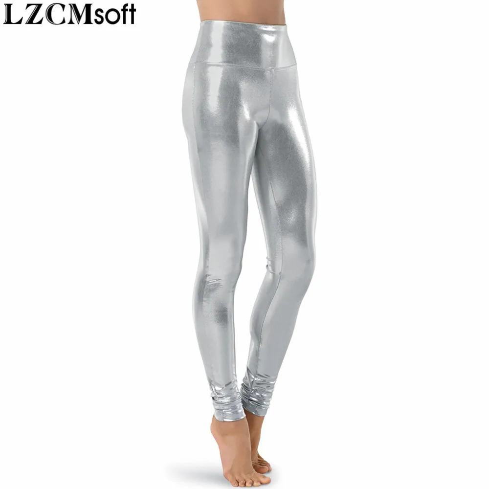 LZCMsoft Silver Women Shiny Metallic Dance Leggings High Waisted Full Length Pants Skin Pencil Trousers Stage Performance