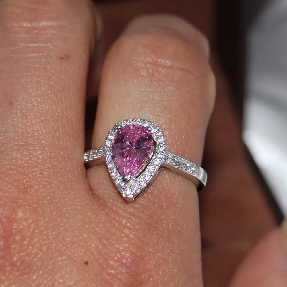 حجم 5-11 تألق مجوهرات الأزياء جودة عالية 925 فضة شغل الكمثرى قطع 5A الوردي زركونيا تشيكوسلوفاكيا النساء خاتم الزواج #6